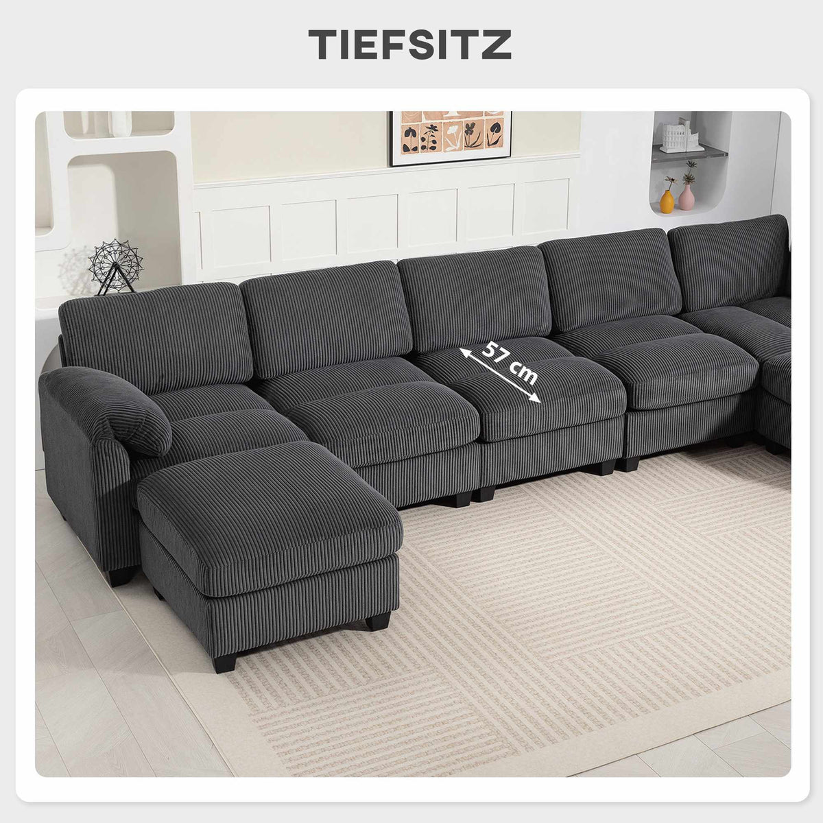 U-Shaped Sectional Sofa with Corduroy Fabric, Dark Grey, 292x224 cm