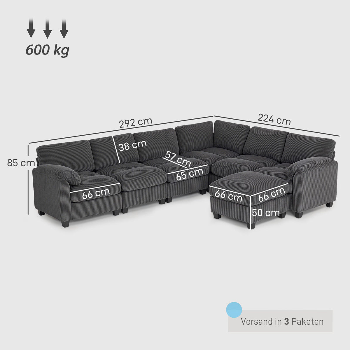 U-Shaped Sectional Sofa with Corduroy Fabric, Dark Grey, 292x224 cm