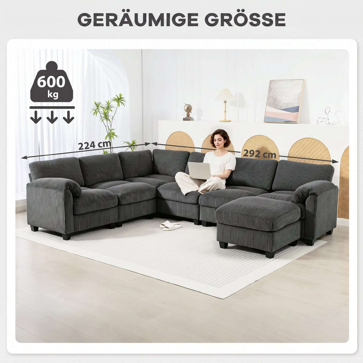 U-Shaped Sectional Sofa with Corduroy Fabric, Dark Grey, 292x224 cm