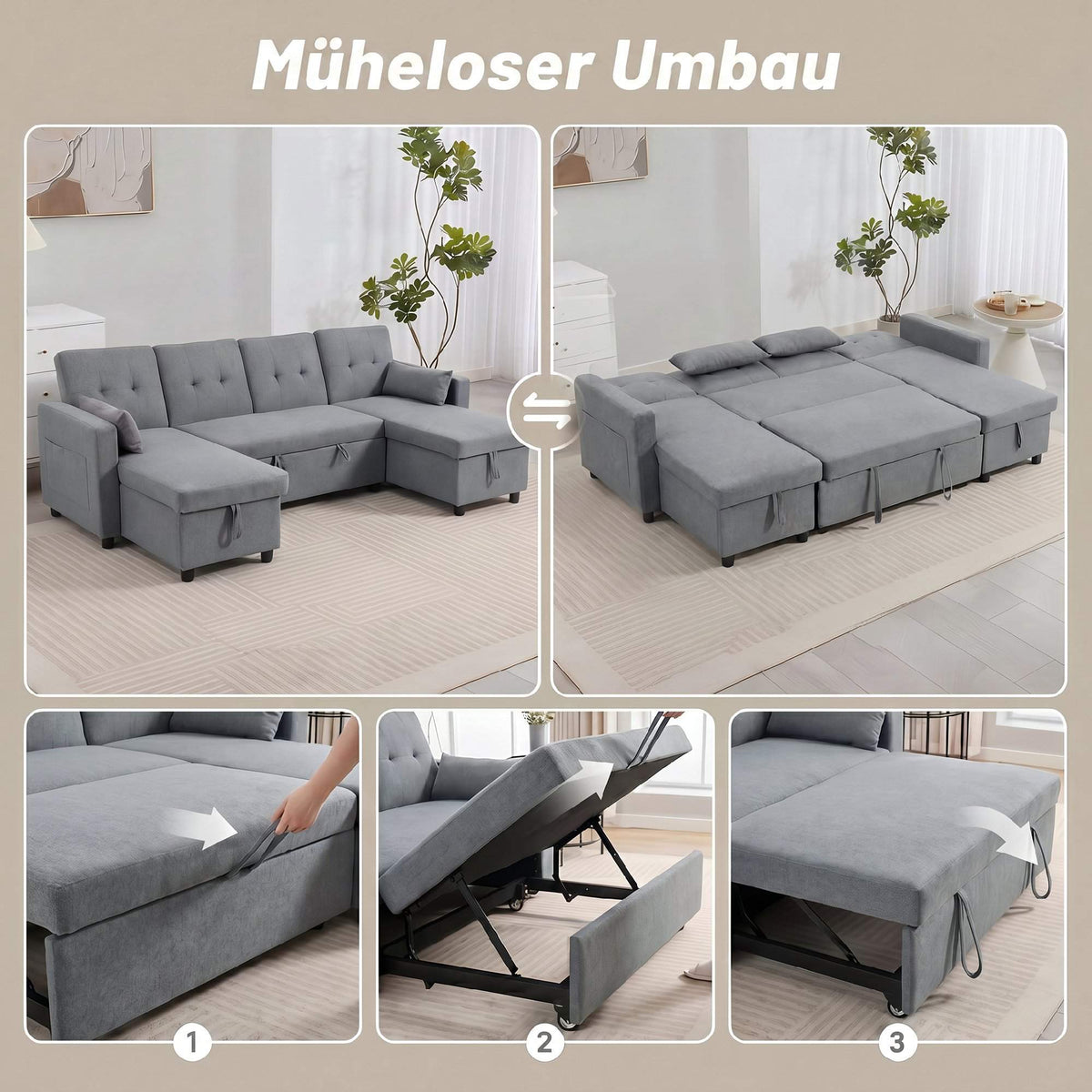 U-Shaped Sleeper Sectional Sofa, 4-Seater, Storage, Grey
