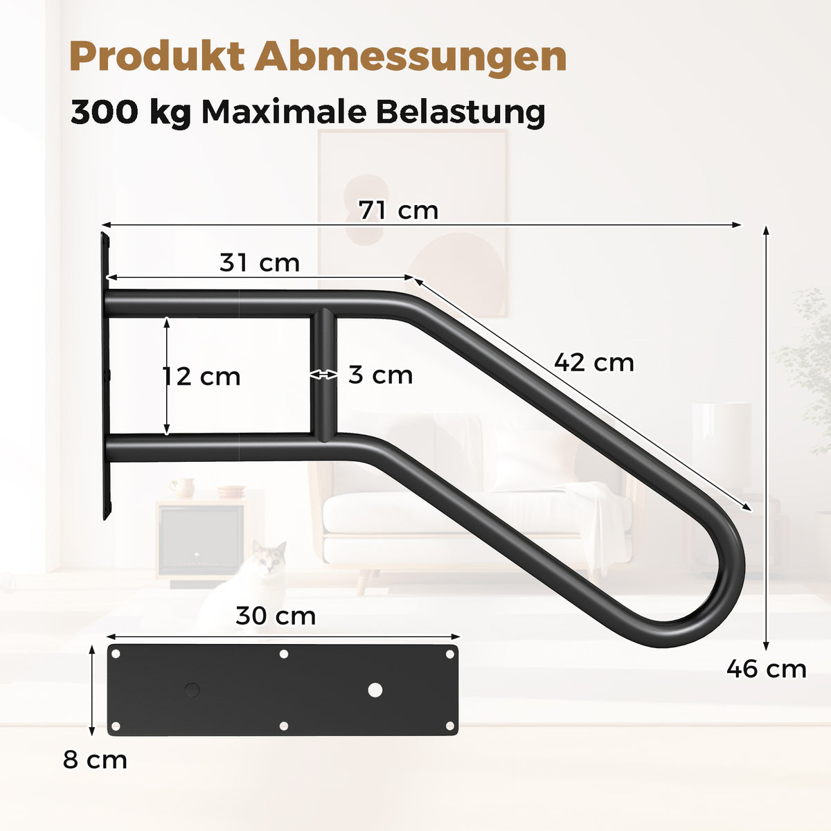 U-Shaped Wall-Mounted Handrail for 1-3 Steps, Metal