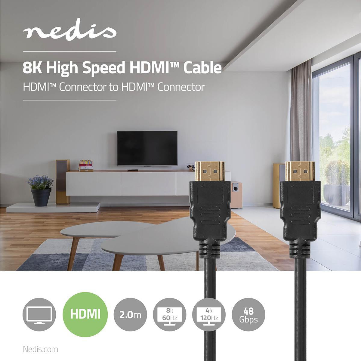 Ultra High Speed HDMI™ Cable | HDMI™ Connector | HDMI™ Connector | 8K@60Hz | 48 Gbps | 2.00 m | Round | 6.5 mm | Black | Plastic bag