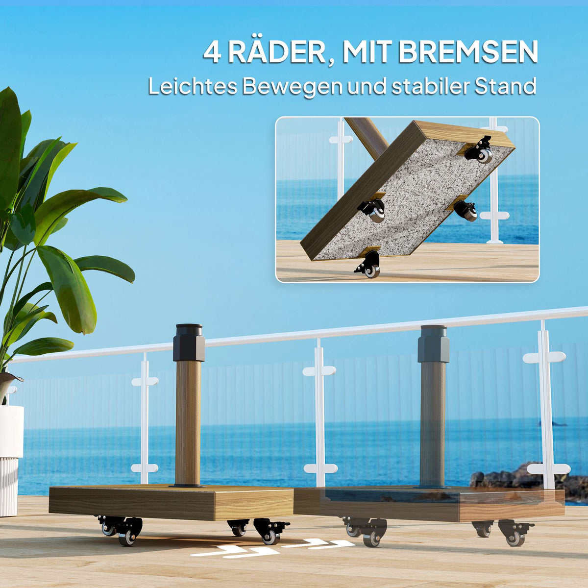 Umbrella Base with Wheels, Wood Look, Metal, Concrete