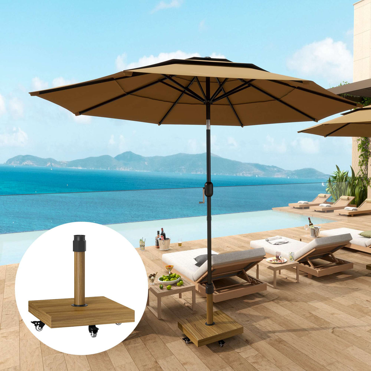 Umbrella Base with Wheels, Wood Look, Metal, Concrete