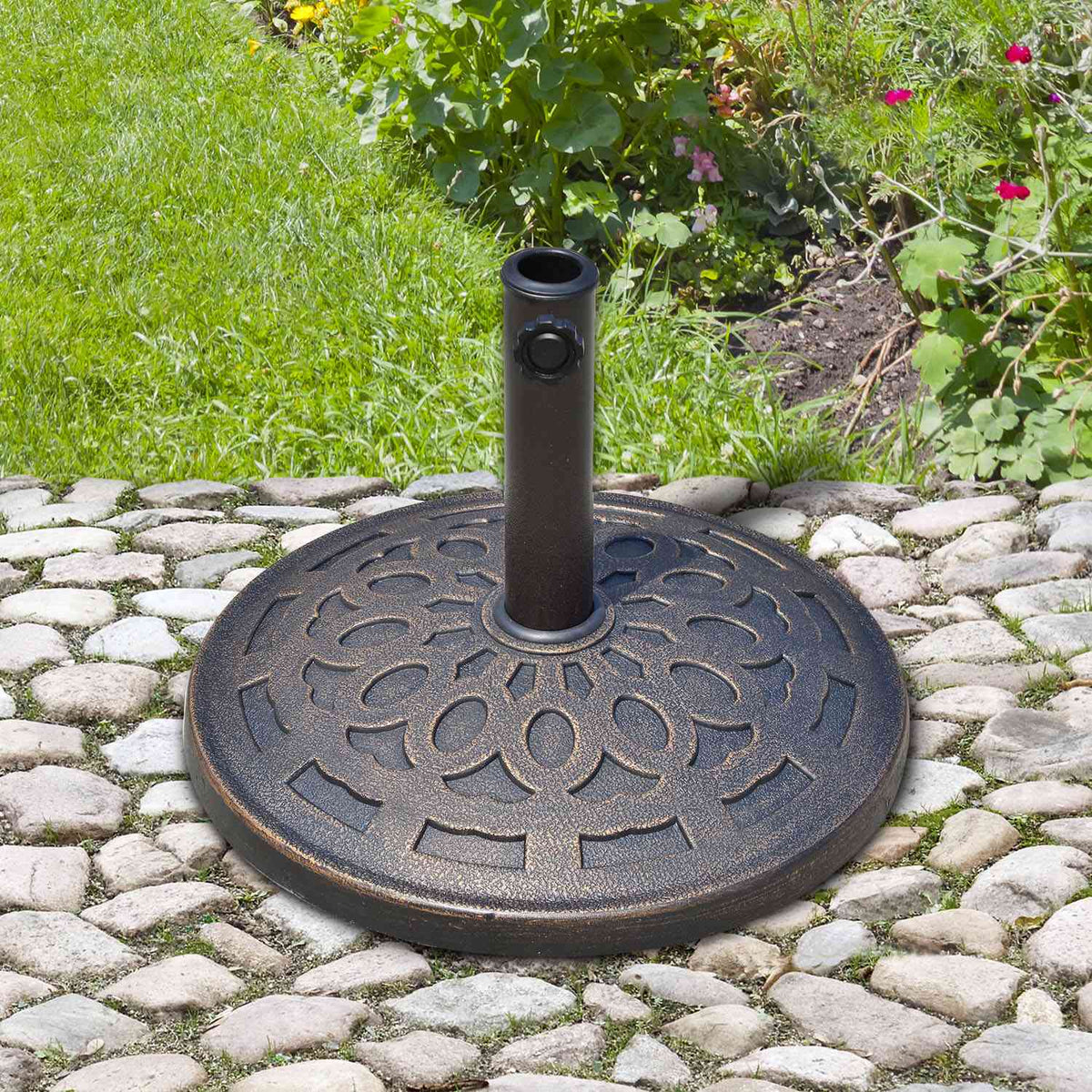 Umbrella Stand Parasol Base Round, Resin, Bronze, 14Kg, For Ø38/48Mm, Ø48.5Xh34Cm