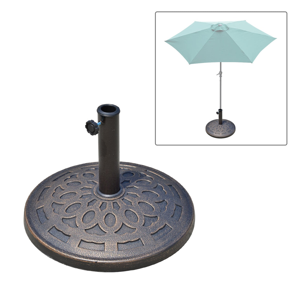 Umbrella Stand Parasol Base Round, Resin, Bronze, 14Kg, For Ø38/48Mm, Ø48.5Xh34Cm