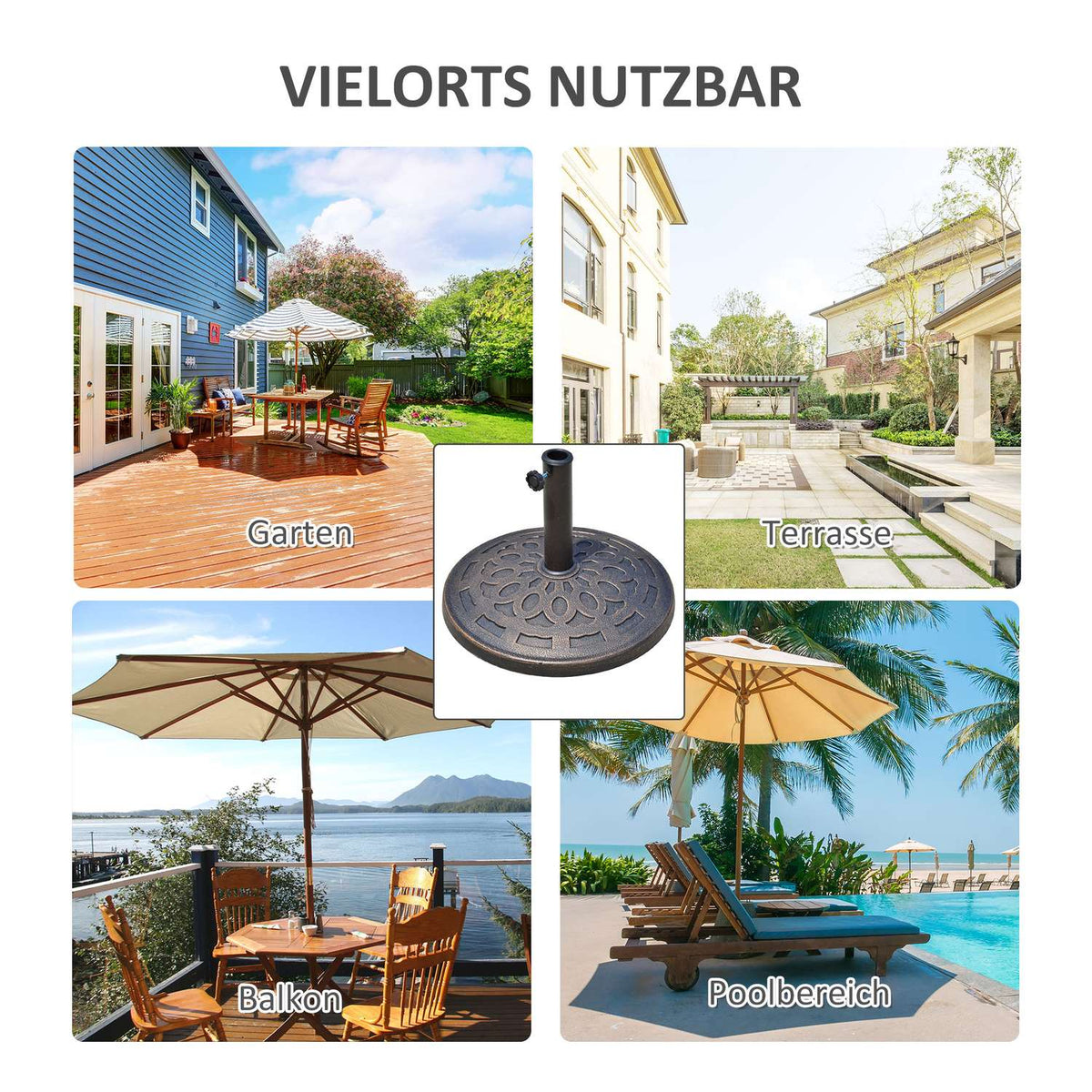 Umbrella Stand Parasol Base Round, Resin, Bronze, 14Kg, For Ø38/48Mm, Ø48.5Xh34Cm