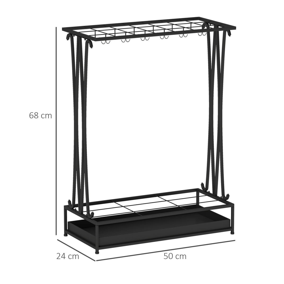Umbrella Stand Steel Umbrella Stand Rectangular Umbrella Holder with 24 Hooks, 21 Holes, Removable Water Collecting Tray for Walking Sticks & Umbrellas 50 x 24 x 68 cm Black