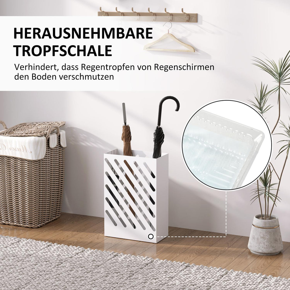 Umbrella Stand Umbrella Stand with 4 Hooks and Water Collection Tray Umbrella Holder for Walking Sticks & Umbrellas Steel 28 x 14 x 41 cm White