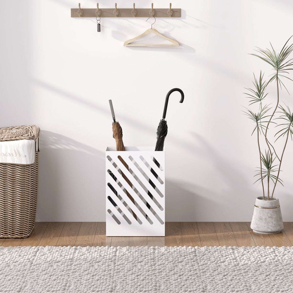 Umbrella Stand Umbrella Stand with 4 Hooks and Water Collection Tray Umbrella Holder for Walking Sticks & Umbrellas Steel 28 x 14 x 41 cm White