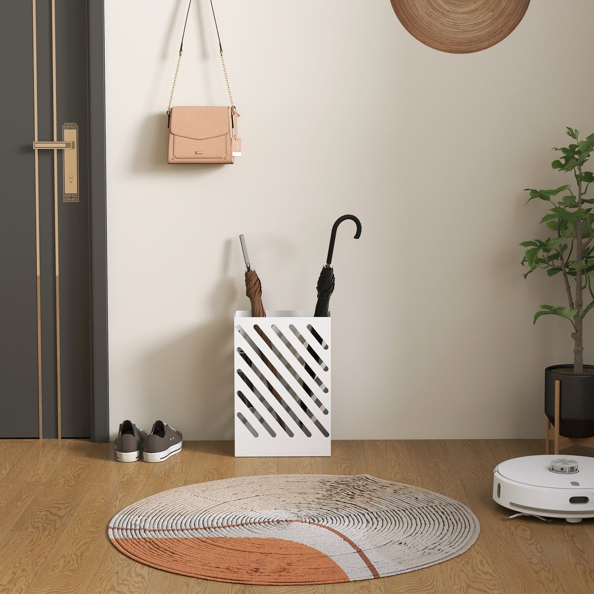 Umbrella Stand Umbrella Stand with 4 Hooks and Water Collection Tray Umbrella Holder for Walking Sticks & Umbrellas Steel 28 x 14 x 41 cm White