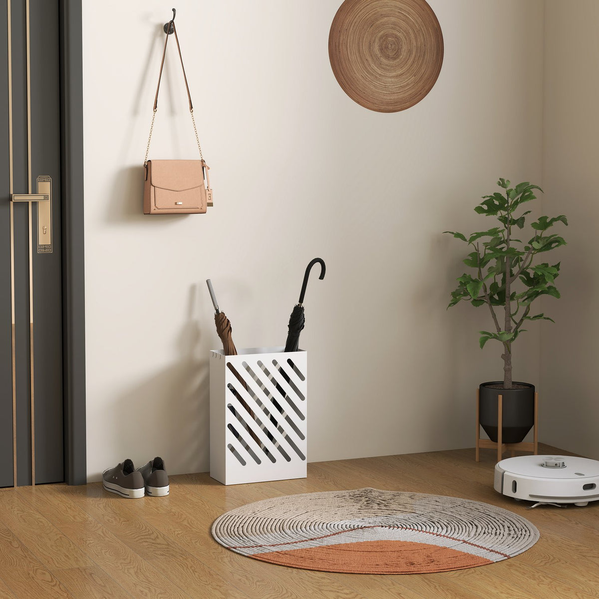 Umbrella Stand Umbrella Stand with 4 Hooks and Water Collection Tray Umbrella Holder for Walking Sticks & Umbrellas Steel 28 x 14 x 41 cm White