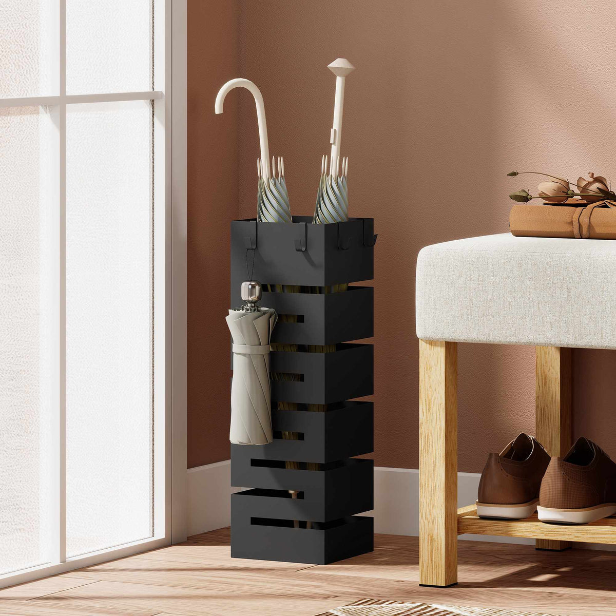 Umbrella Stand with Drip Tray, Metal, Holds 8 Umbrellas