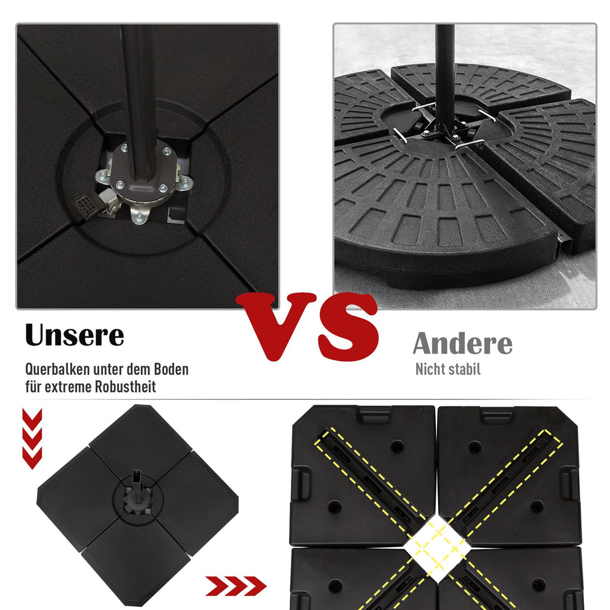 Umbrella Weight, 4 Pieces. Umbrella Stand, Can Be Filled With 80 Kg Of Water Or 120 Kg Of Sand, Hdpe, Black, 100 X 100 X 9.5 Cm
