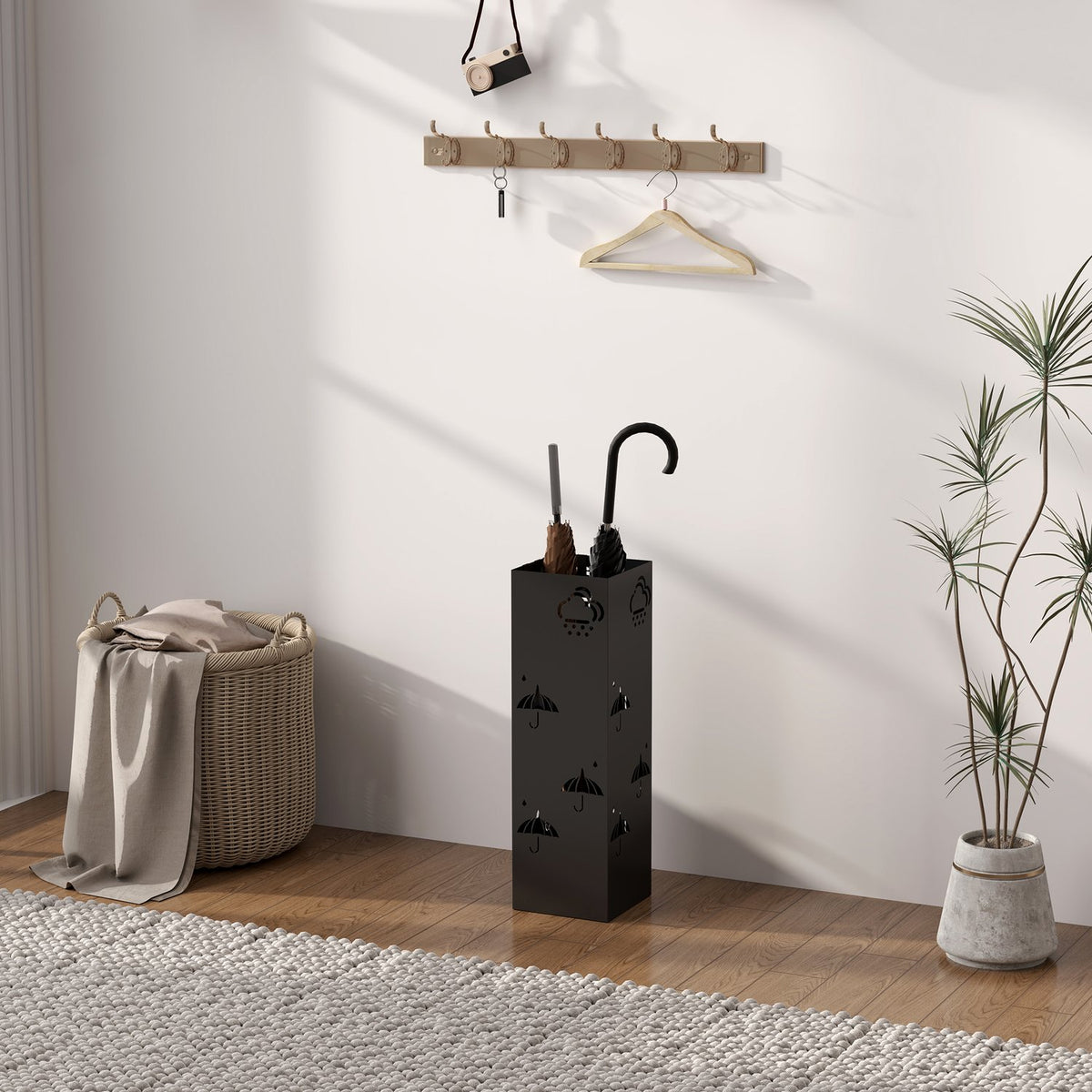 Umbrella stand umbrella holder with 4 hooks, removable water collecting tray, decorative umbrella holder for parasols, umbrellas and walking sticks, steel, 15.5 x 15.5 x 49 cm, black
