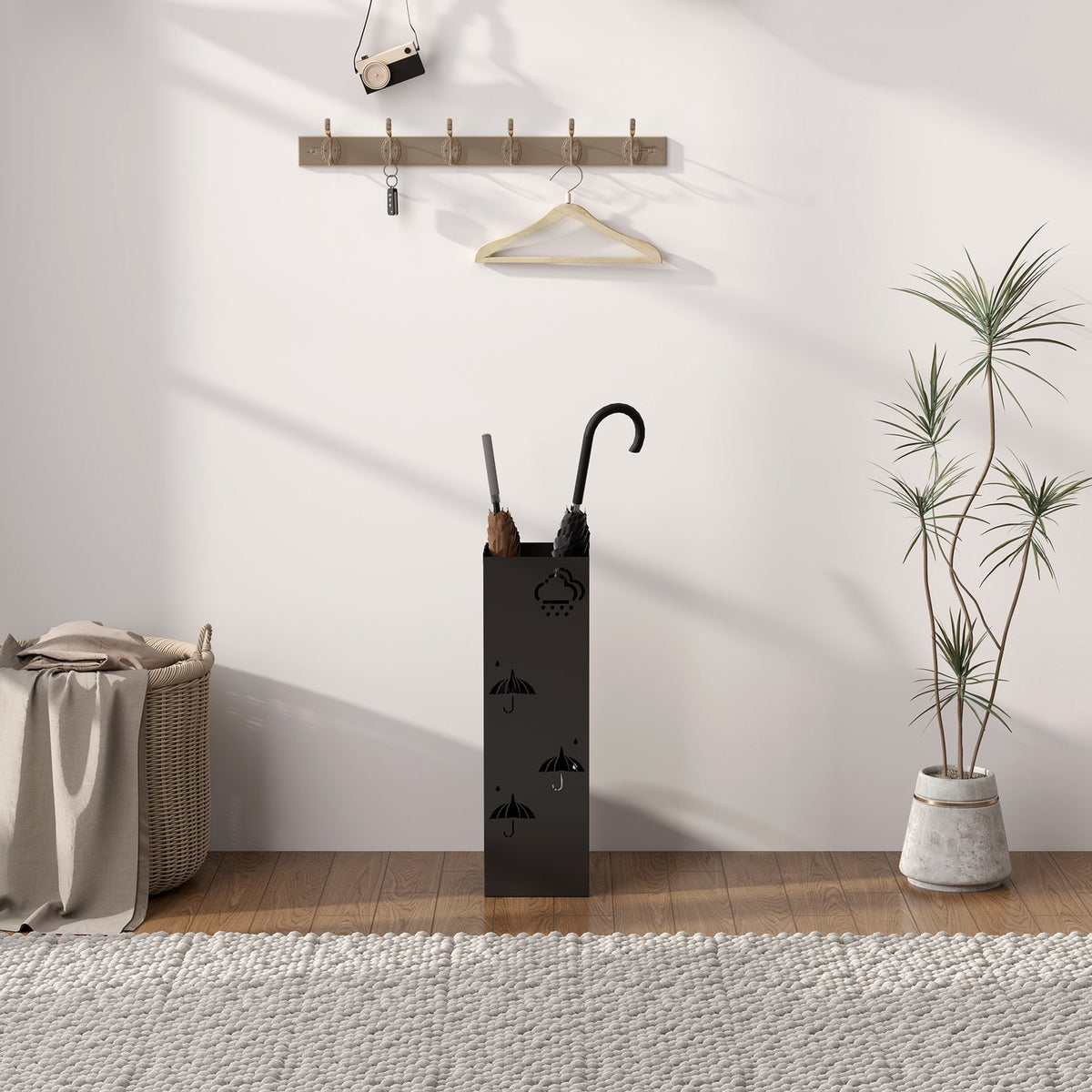 Umbrella stand umbrella holder with 4 hooks, removable water collecting tray, decorative umbrella holder for parasols, umbrellas and walking sticks, steel, 15.5 x 15.5 x 49 cm, black