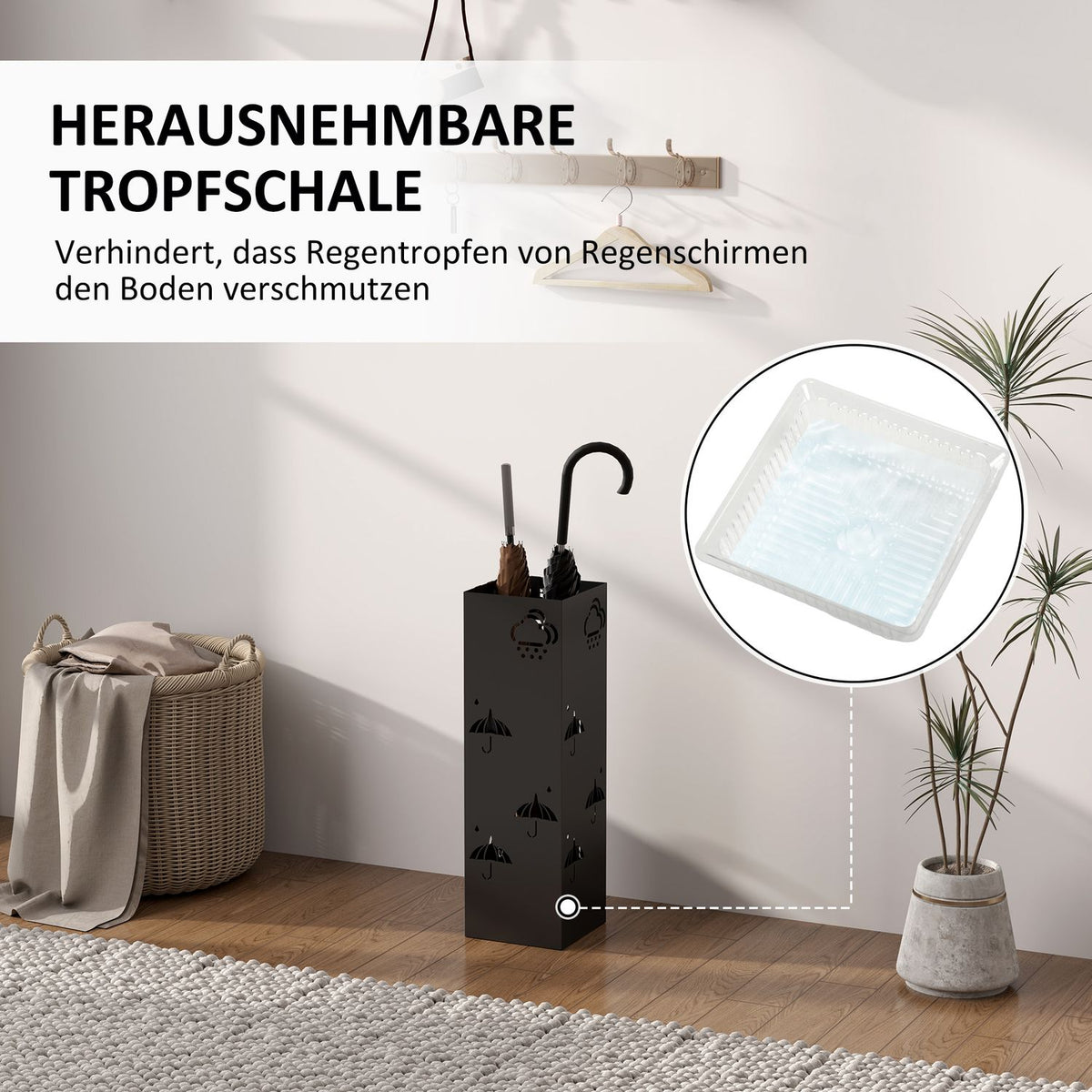 Umbrella stand umbrella holder with 4 hooks, removable water collecting tray, decorative umbrella holder for parasols, umbrellas and walking sticks, steel, 15.5 x 15.5 x 49 cm, black