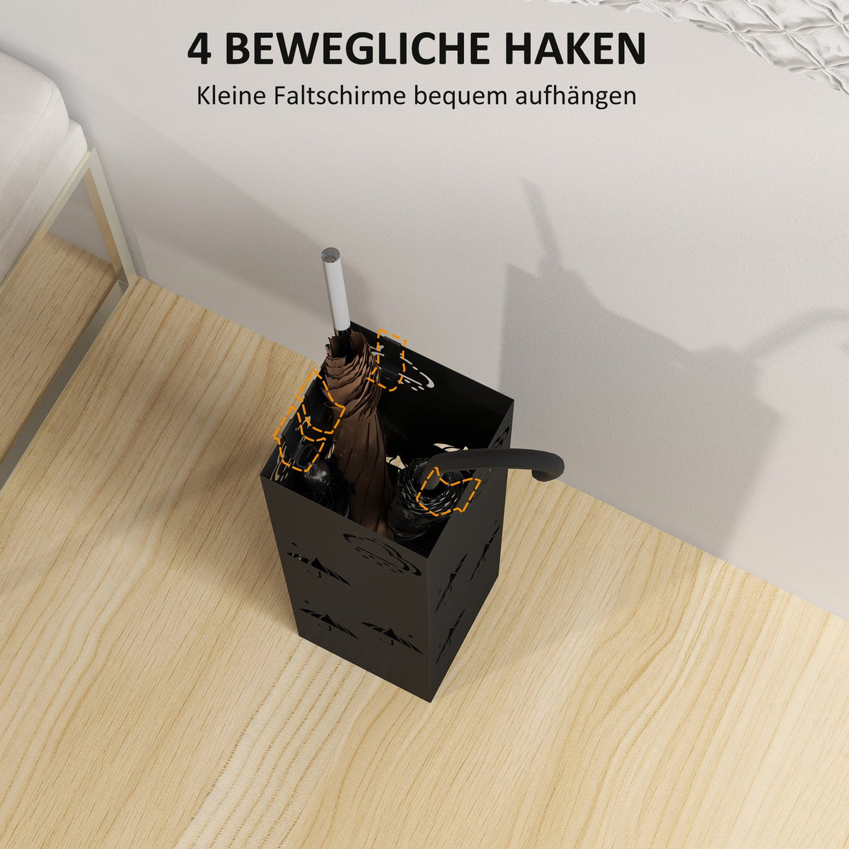 Umbrella stand umbrella holder with 4 hooks, removable water collecting tray, decorative umbrella holder for parasols, umbrellas and walking sticks, steel, 15.5 x 15.5 x 49 cm, black