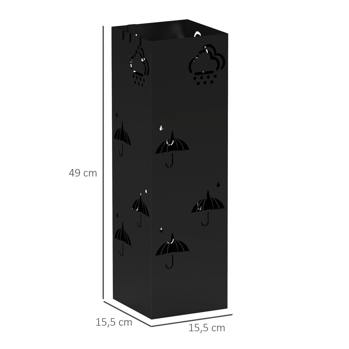Umbrella stand umbrella holder with 4 hooks, removable water collecting tray, decorative umbrella holder for parasols, umbrellas and walking sticks, steel, 15.5 x 15.5 x 49 cm, black