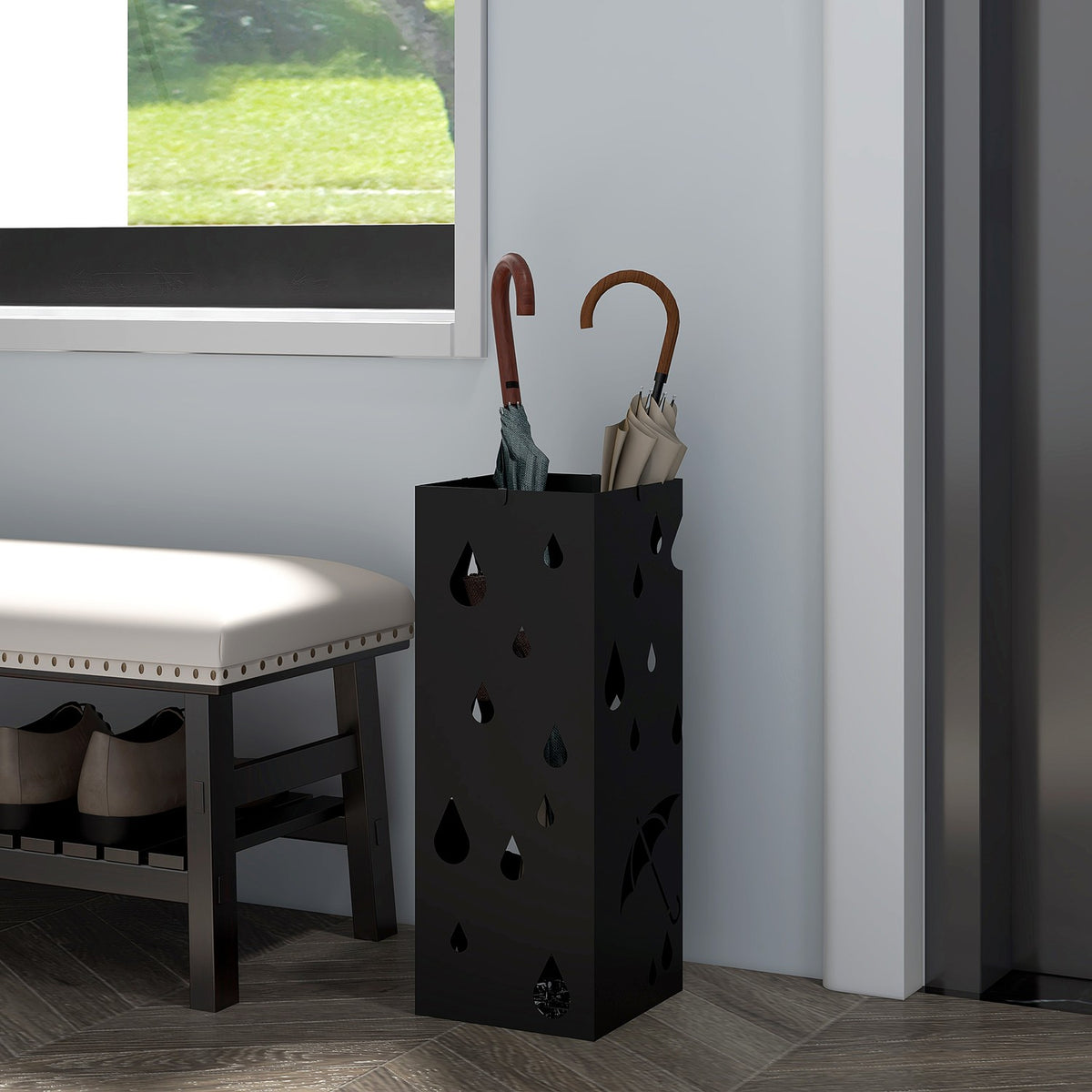 Umbrella stand, umbrella stand with 4 hooks, water collecting tray, umbrella holder for hallways, umbrellas and walking sticks, steel, 15.5 x 15.5 x 40 cm, black