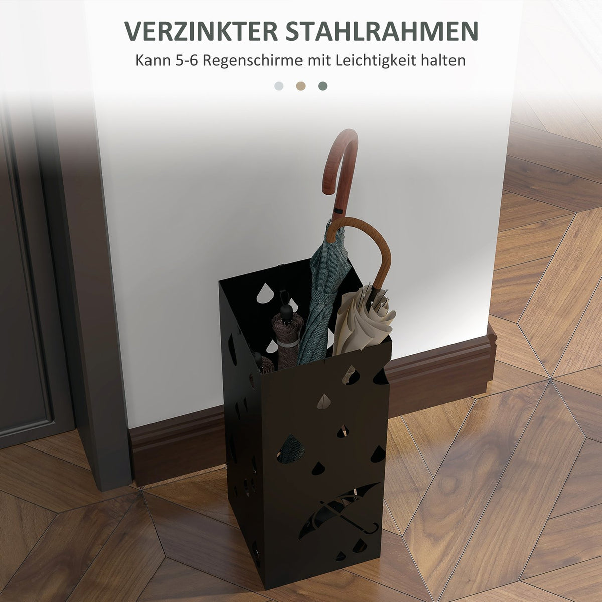 Umbrella stand, umbrella stand with 4 hooks, water collecting tray, umbrella holder for hallways, umbrellas and walking sticks, steel, 15.5 x 15.5 x 40 cm, black