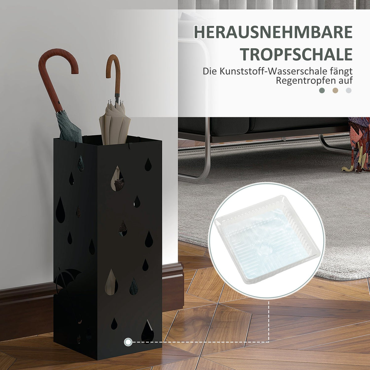 Umbrella stand, umbrella stand with 4 hooks, water collecting tray, umbrella holder for hallways, umbrellas and walking sticks, steel, 15.5 x 15.5 x 40 cm, black