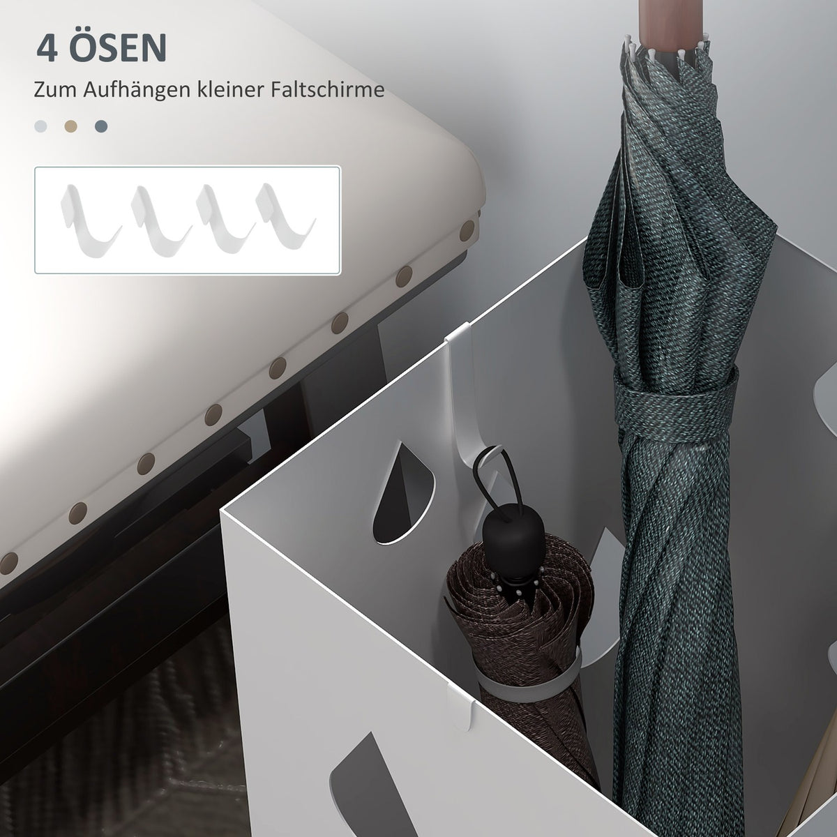 Umbrella stand with 4 hooks, water collecting tray, umbrella holder for hallways, umbrellas and walking sticks, steel, 15.5 x 15.5 x 40 cm, white