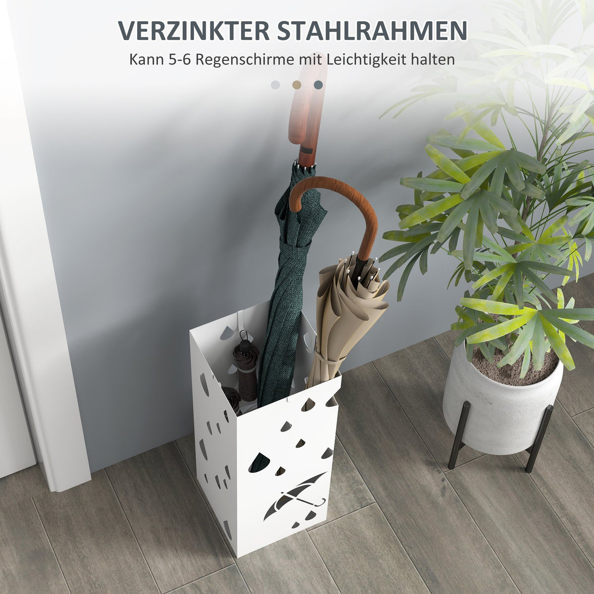 Umbrella stand with 4 hooks, water collecting tray, umbrella holder for hallways, umbrellas and walking sticks, steel, 15.5 x 15.5 x 40 cm, white