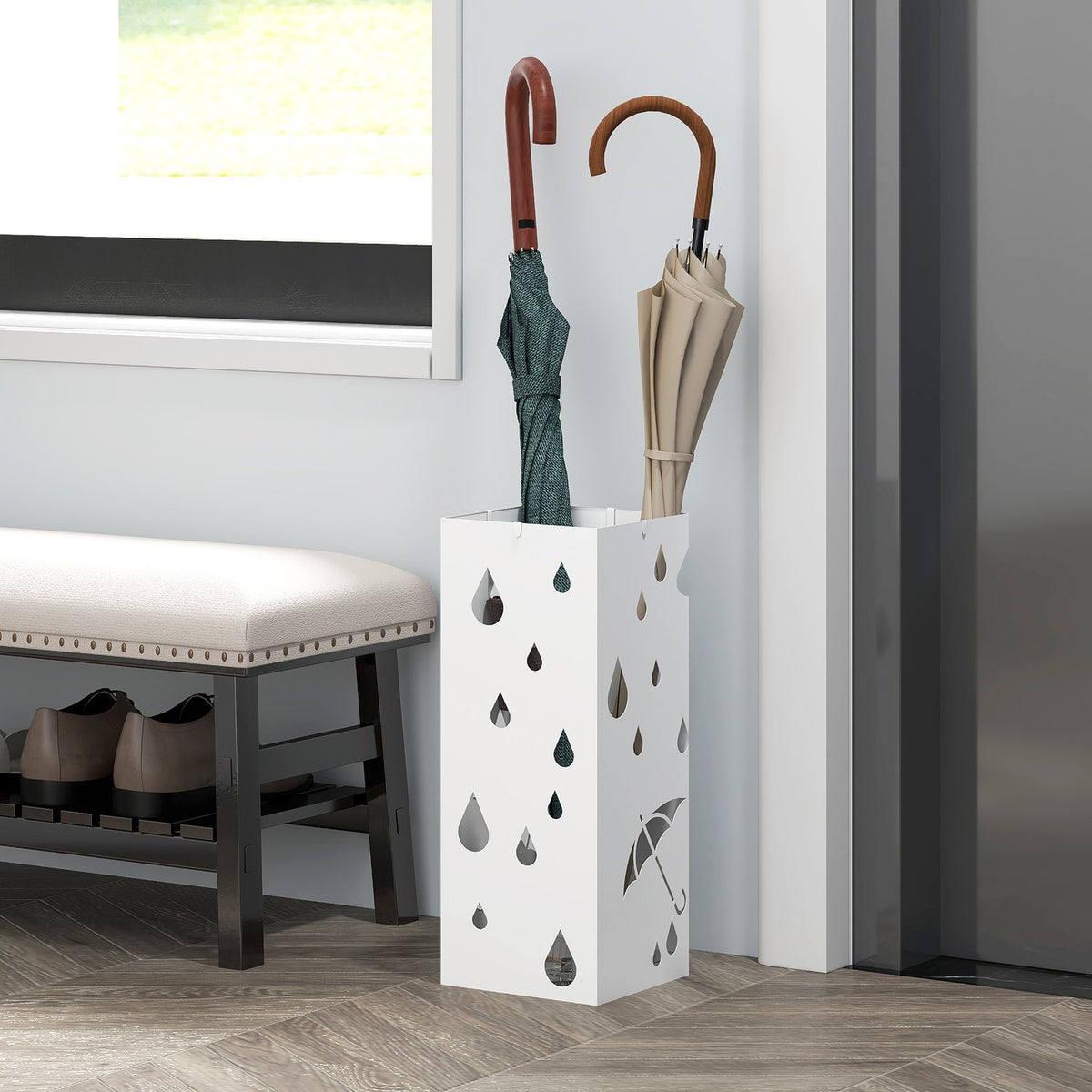 Umbrella stand with 4 hooks, water collecting tray, umbrella holder for hallways, umbrellas and walking sticks, steel, 15.5 x 15.5 x 40 cm, white