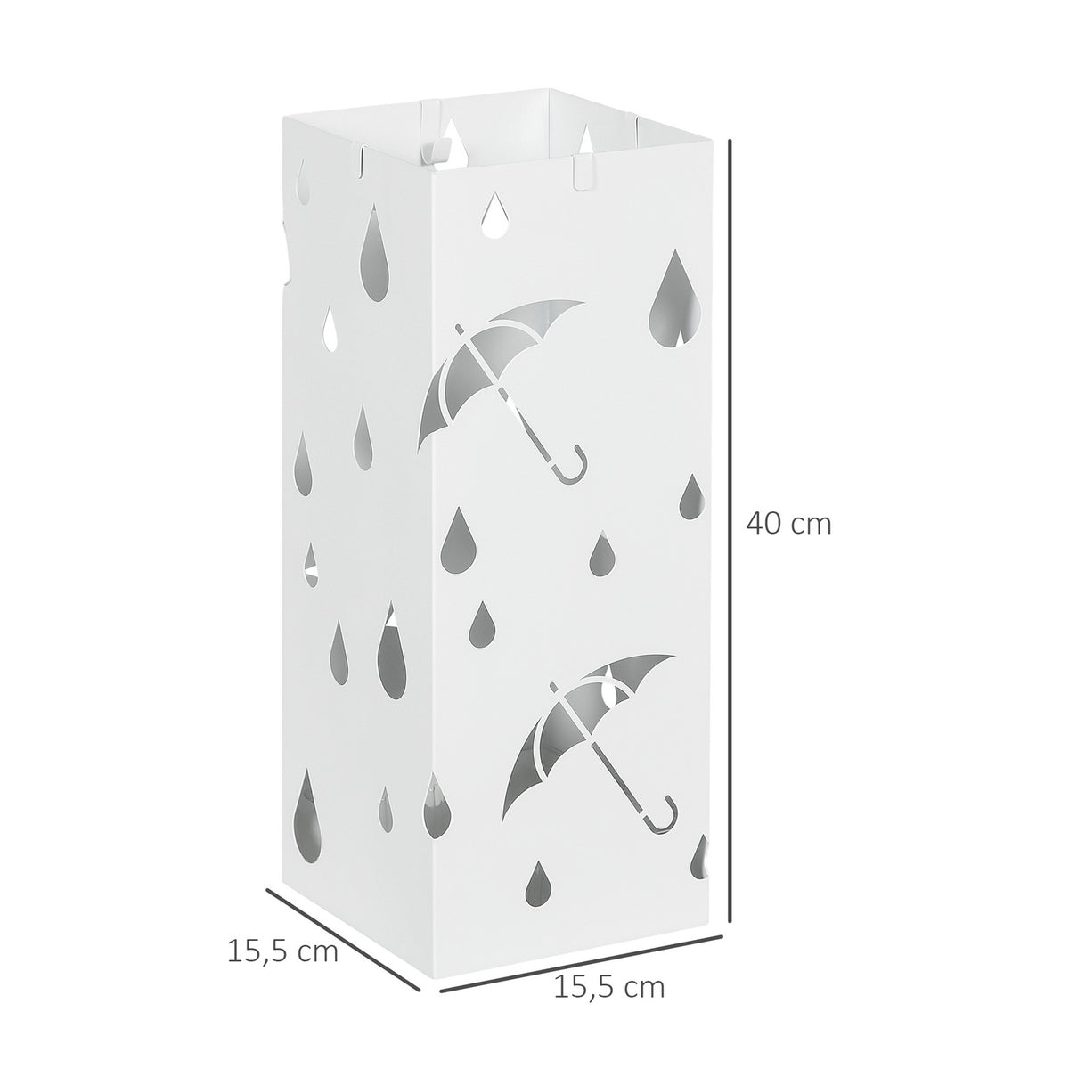 Umbrella stand with 4 hooks, water collecting tray, umbrella holder for hallways, umbrellas and walking sticks, steel, 15.5 x 15.5 x 40 cm, white