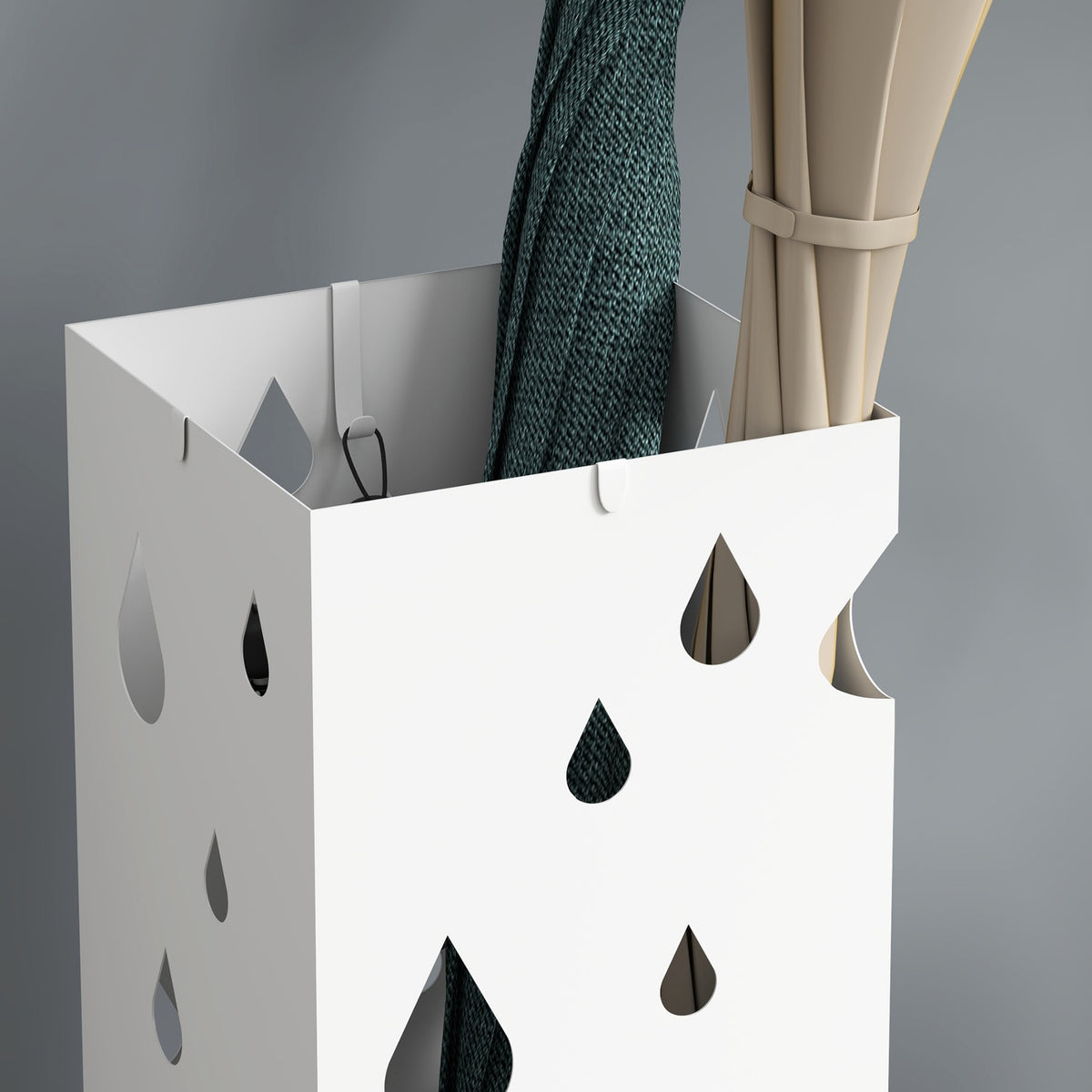 Umbrella stand with 4 hooks, water collecting tray, umbrella holder for hallways, umbrellas and walking sticks, steel, 15.5 x 15.5 x 40 cm, white