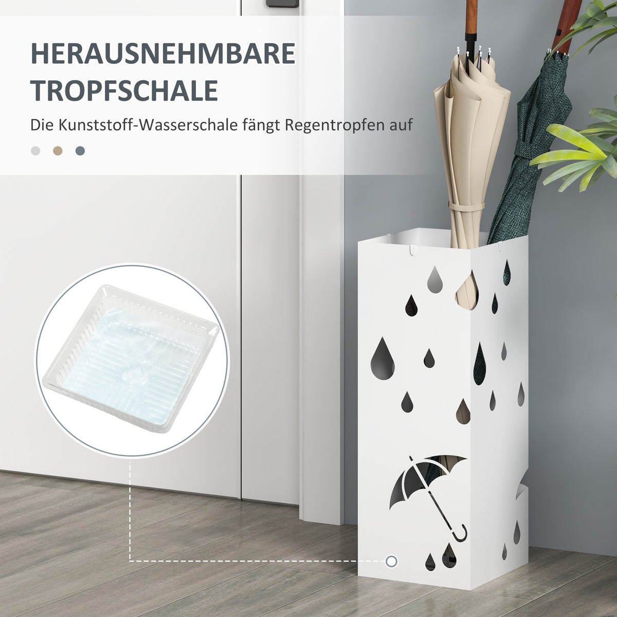 Umbrella stand with 4 hooks, water collecting tray, umbrella holder for hallways, umbrellas and walking sticks, steel, 15.5 x 15.5 x 40 cm, white