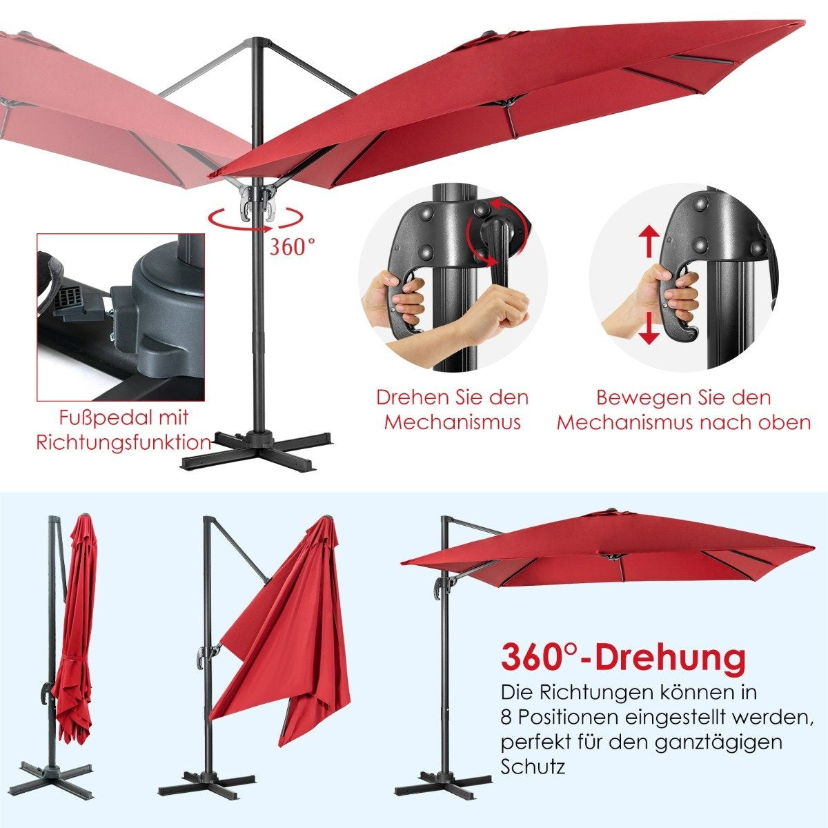 Umbrella with 3 tilt settings for gardens, terraces, cafes, 300 x 300 x 273 cm, wine red