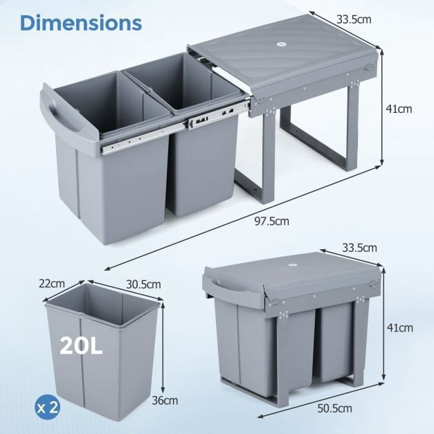 Under-Cabinet Pull-Out Trash Can, 40L 2-Bin, Grey
