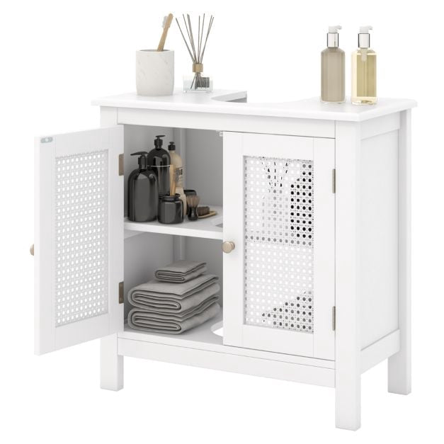 Under Sink Bathroom Cabinet, Rattan Doors, White, 60x30x60 cm