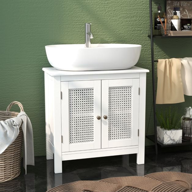 Under Sink Bathroom Cabinet, Rattan Doors, White, 60x30x60 cm