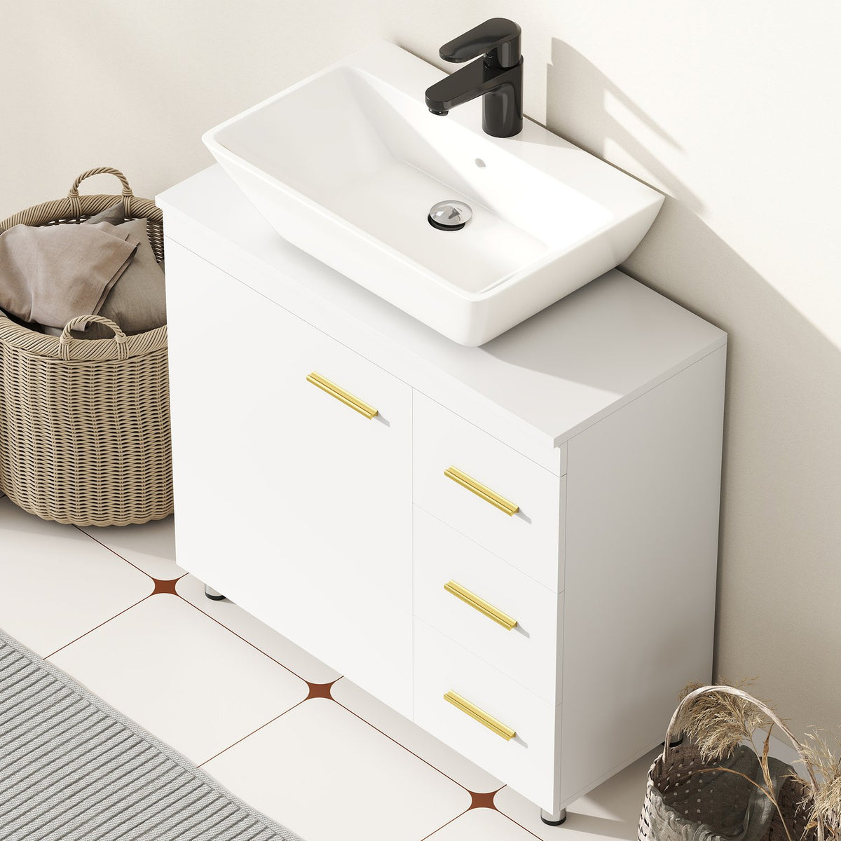 Under-Sink Bathroom Cabinet, White MDF, Soft-Close Hinges