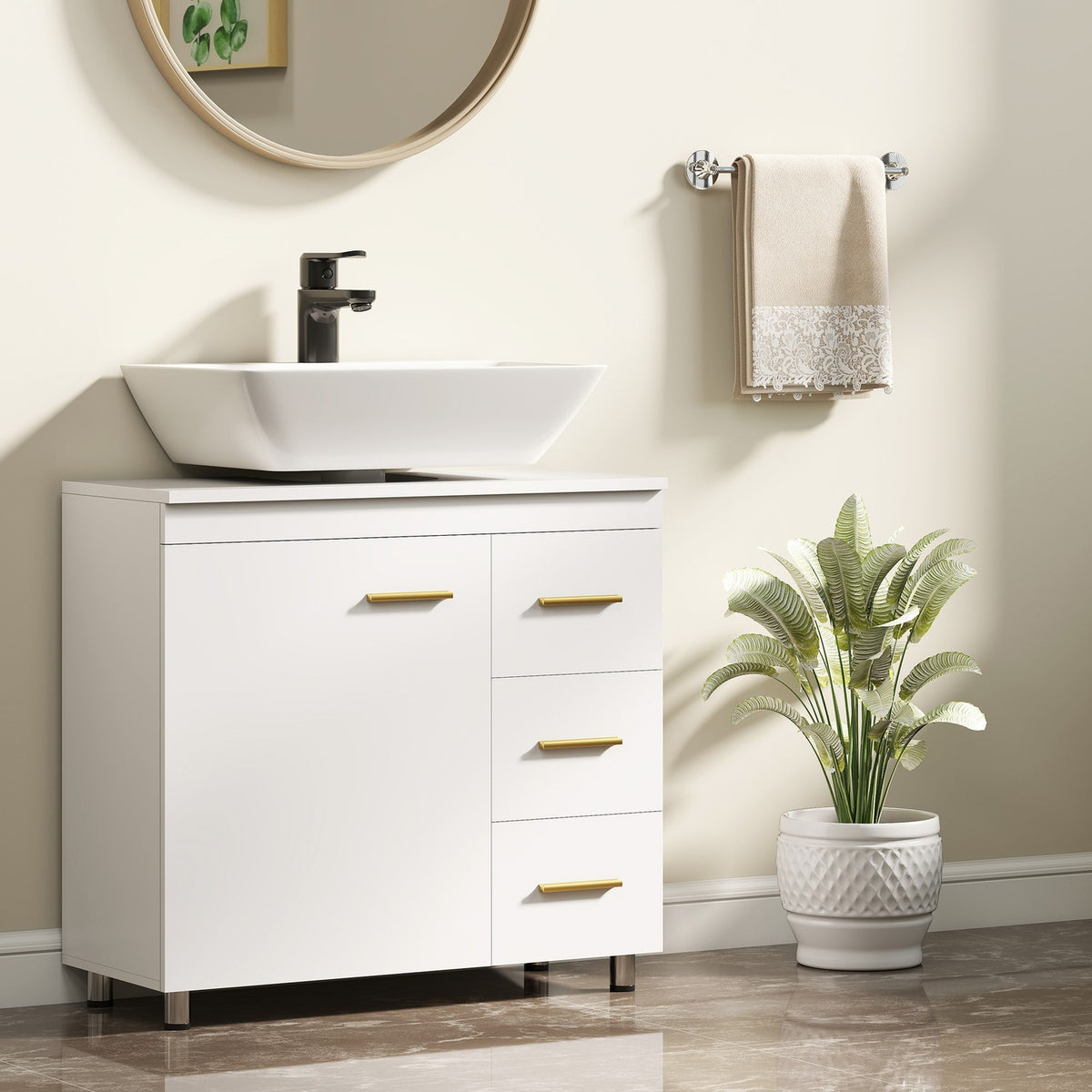 Under-Sink Bathroom Cabinet, White MDF, Soft-Close Hinges