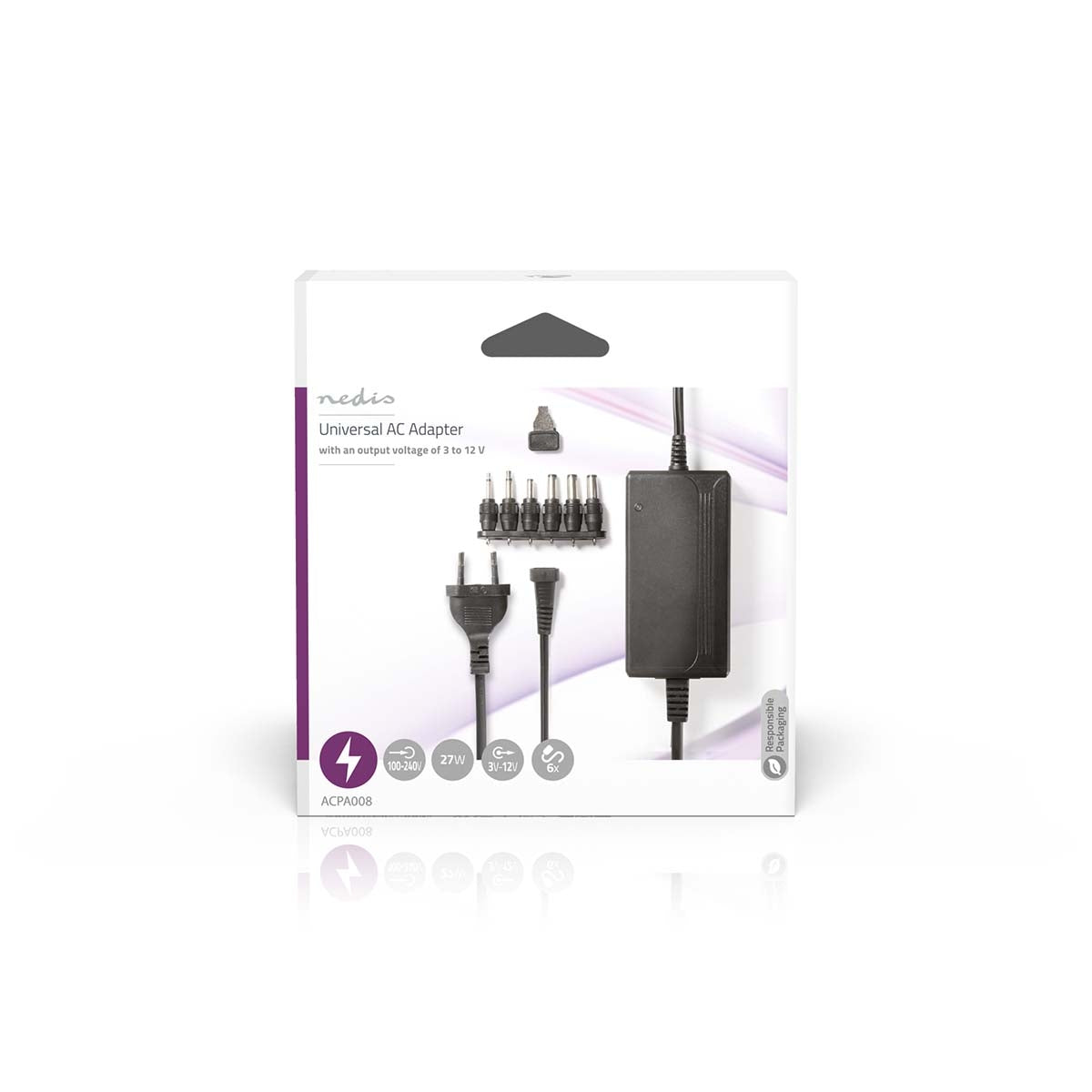 Universal power adapter | 27 W| 3 - 12 V DC | 3.60 m | 2.25 A A | 6 plug(s) | Black