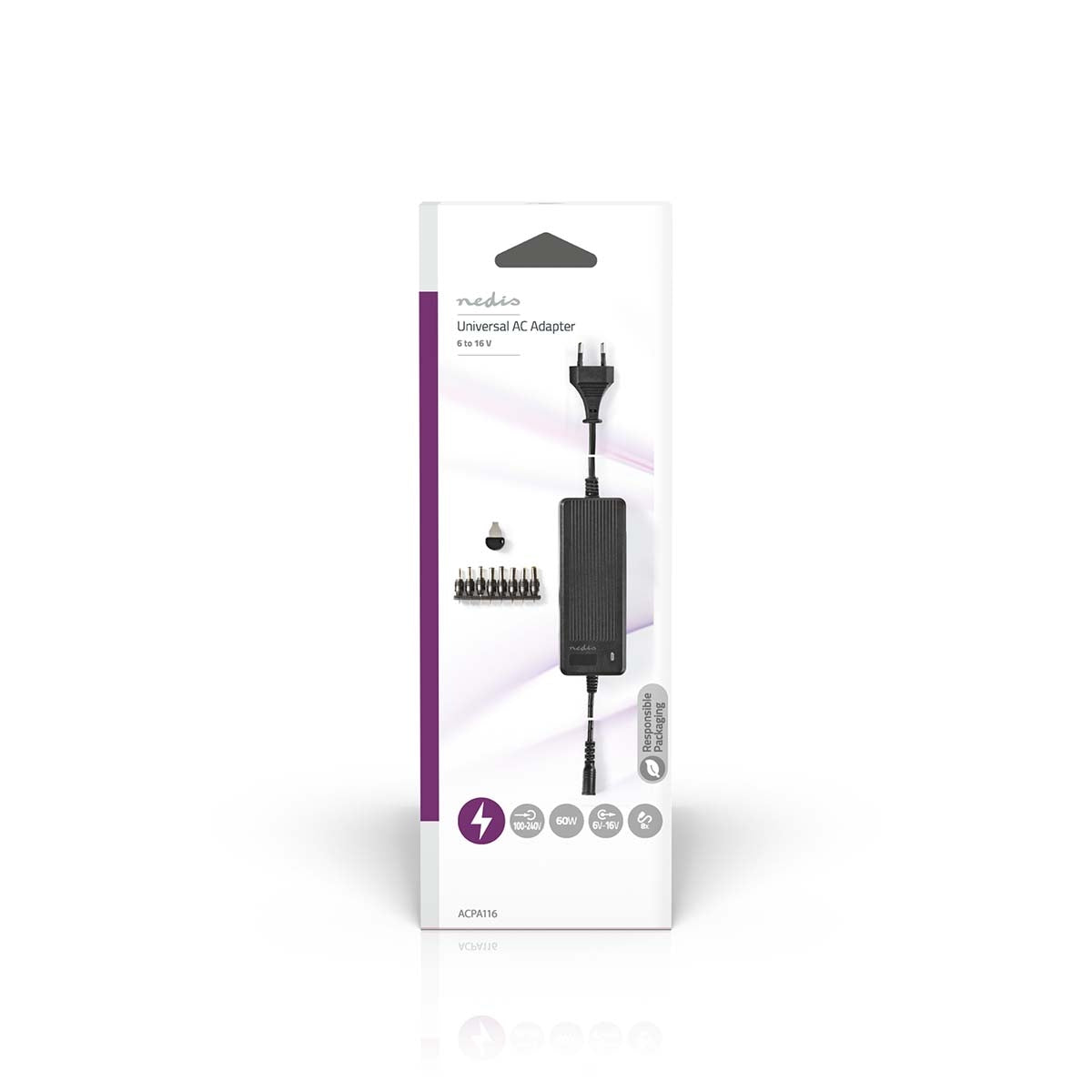Universal power adapter | 60 W | 6 - 16 V DC | 1.10 m | 5.0 - 5.2 A| 8 plug(s) | Black