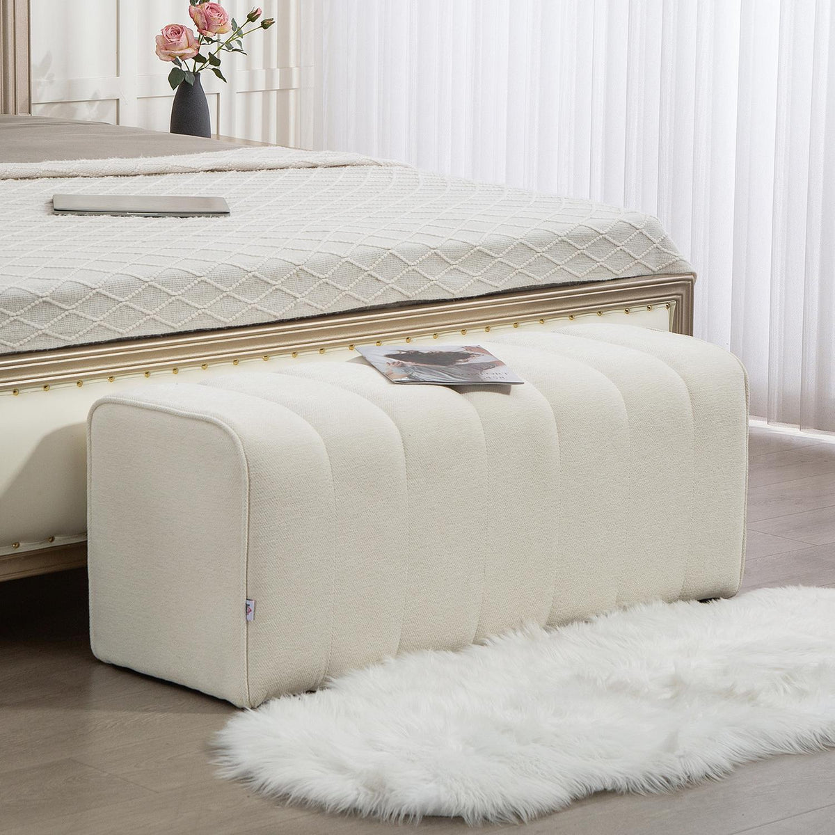 Upholstered Bedroom Bench, Wood Frame, 220kg Capacity, Cream