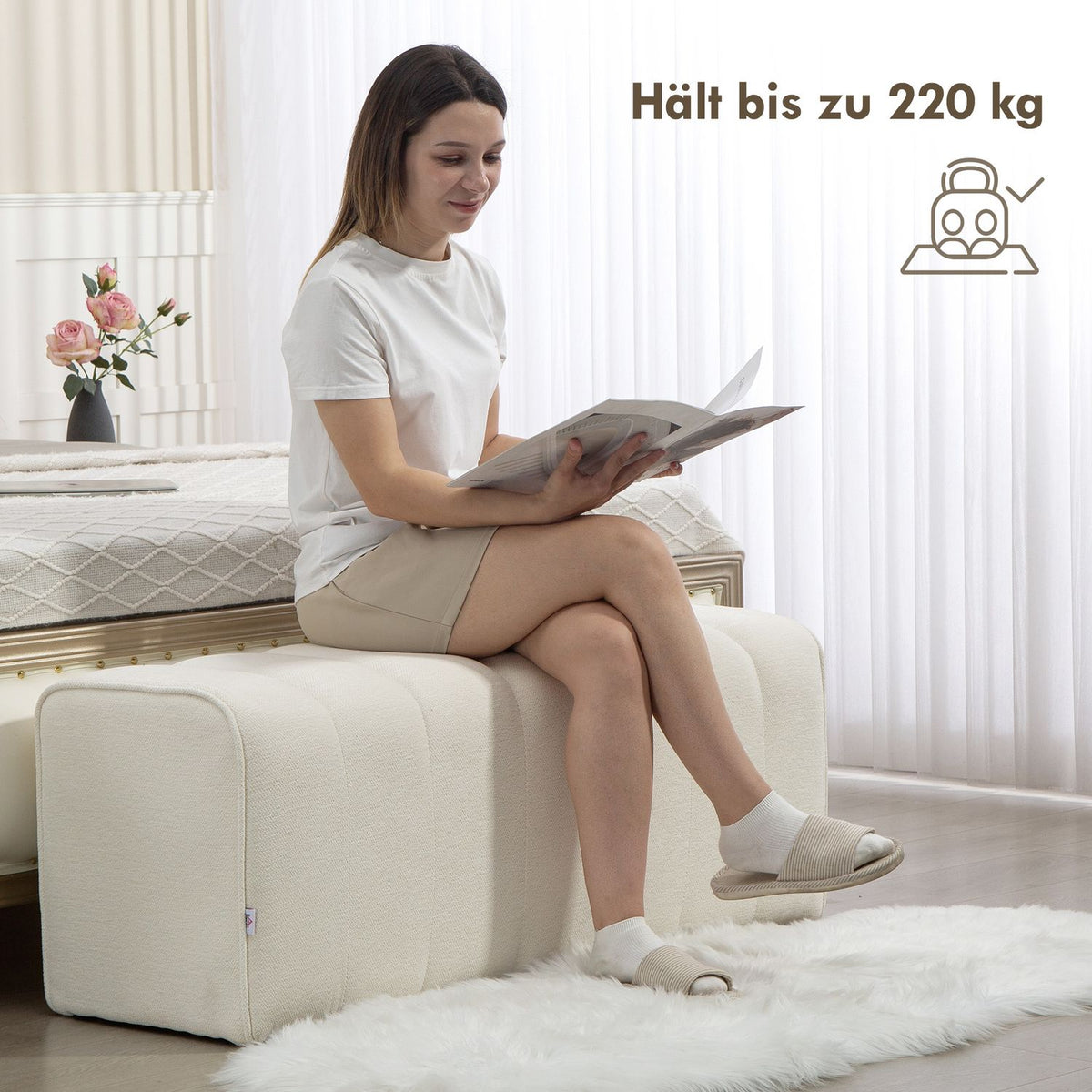 Upholstered Bedroom Bench, Wood Frame, 220kg Capacity, Cream