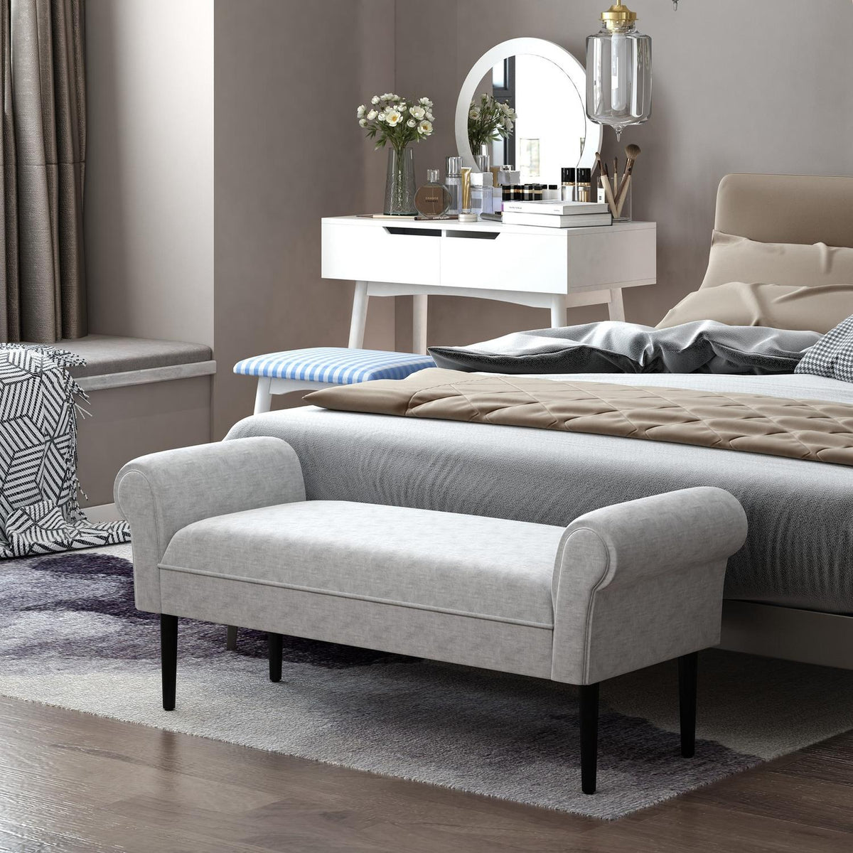 Upholstered Bench, Elegant Bench For Lounge And Hallway, Bed Bench With Rolled Sides, Linen Fabric, Light Grey