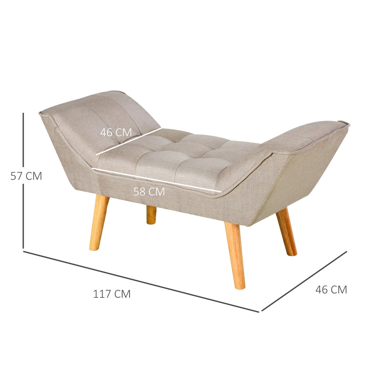 Upholstered Bench In Retro Style, Comfortable Bench, Linen Cover And Wooden Feet, Beige