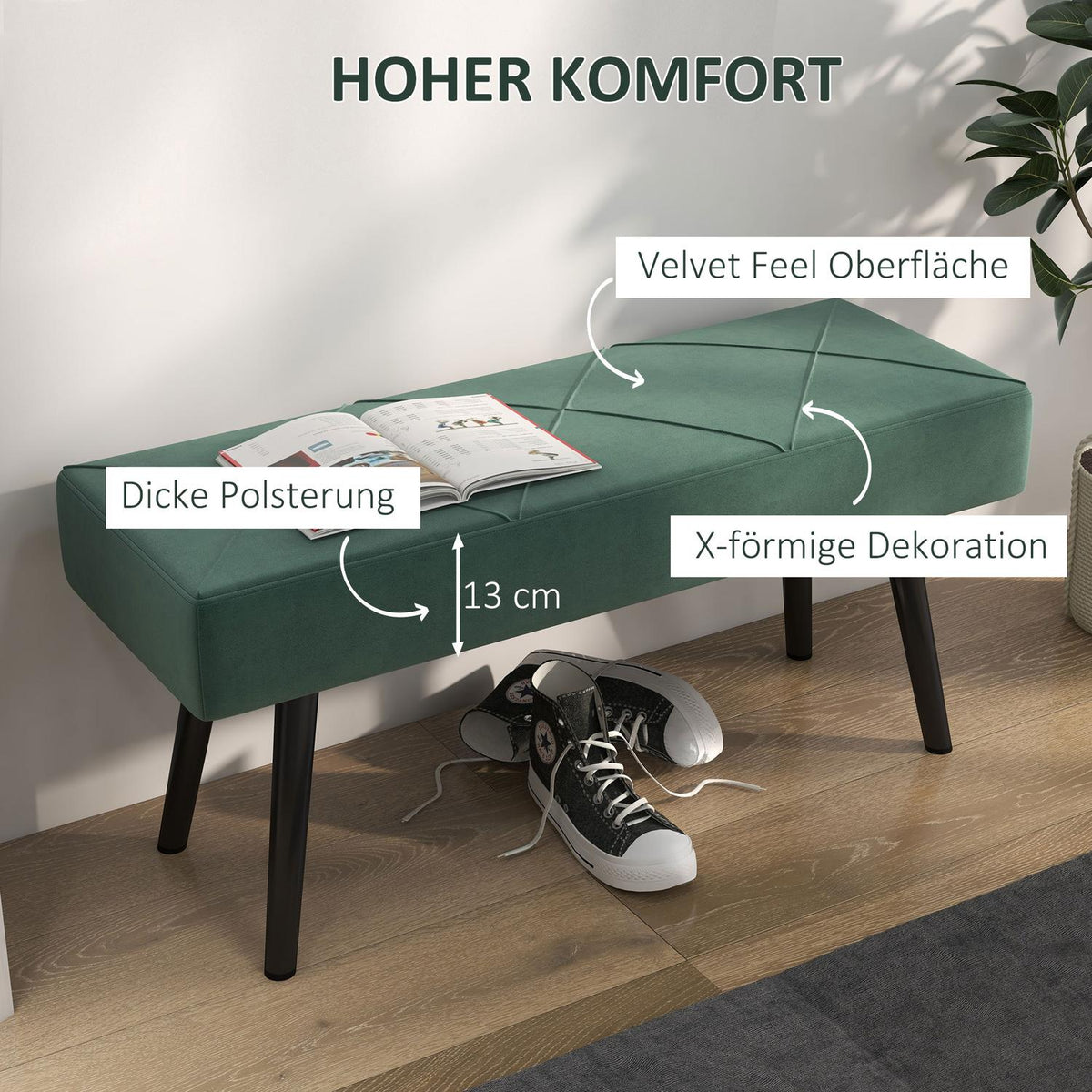 Upholstered Bench In Velvet Look, Bed Bench, Hallway Bench With X Pattern, Up To 120 Kg, For Bedroom, 100X36X45 Cm, Green