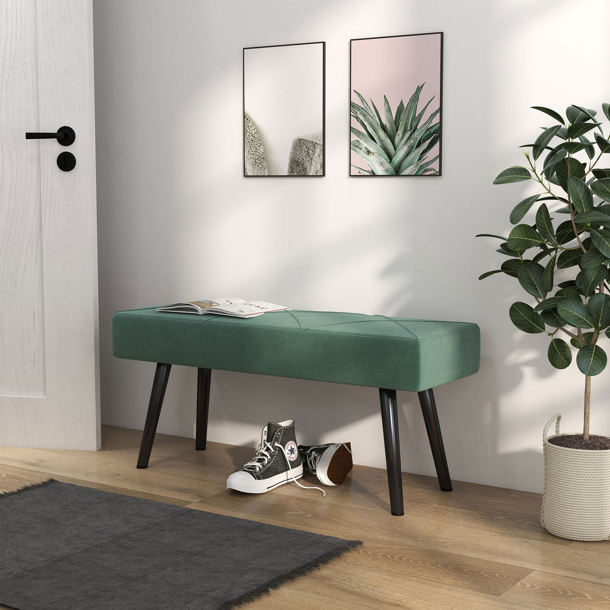 Upholstered Bench In Velvet Look, Bed Bench, Hallway Bench With X Pattern, Up To 120 Kg, For Bedroom, 100X36X45 Cm, Green