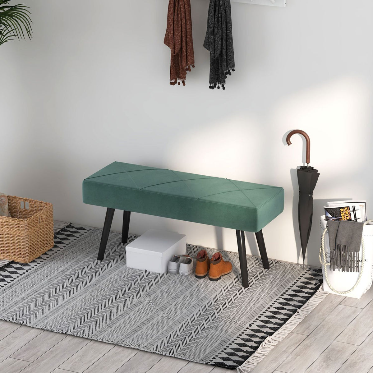 Upholstered Bench In Velvet Look, Bed Bench, Hallway Bench With X Pattern, Up To 120 Kg, For Bedroom, 100X36X45 Cm, Green