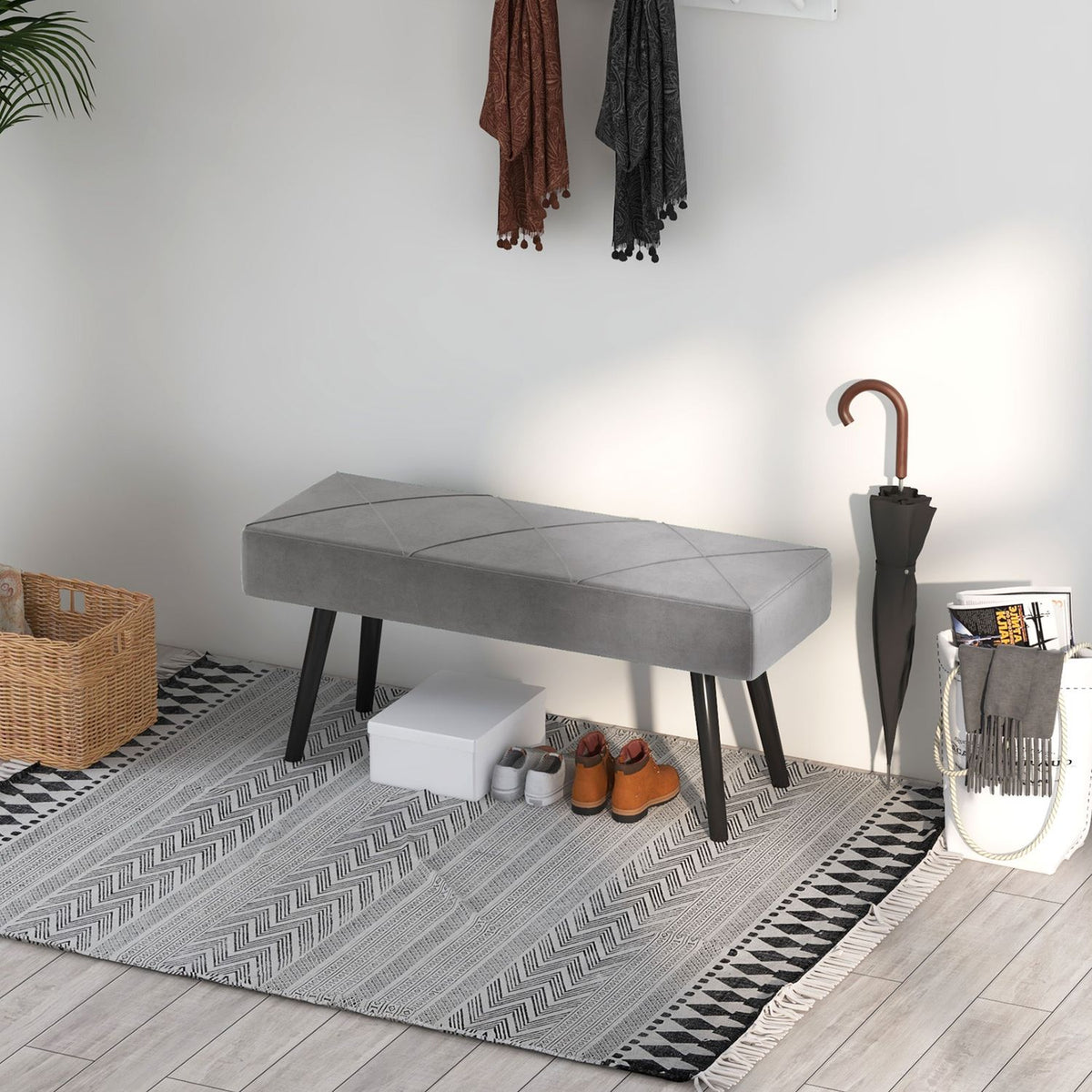 Upholstered Bench In Velvet Look, Bed Bench, Hallway Bench With X Pattern, Up To 120 Kg, For Bedroom, 100X36X45 Cm, Grey