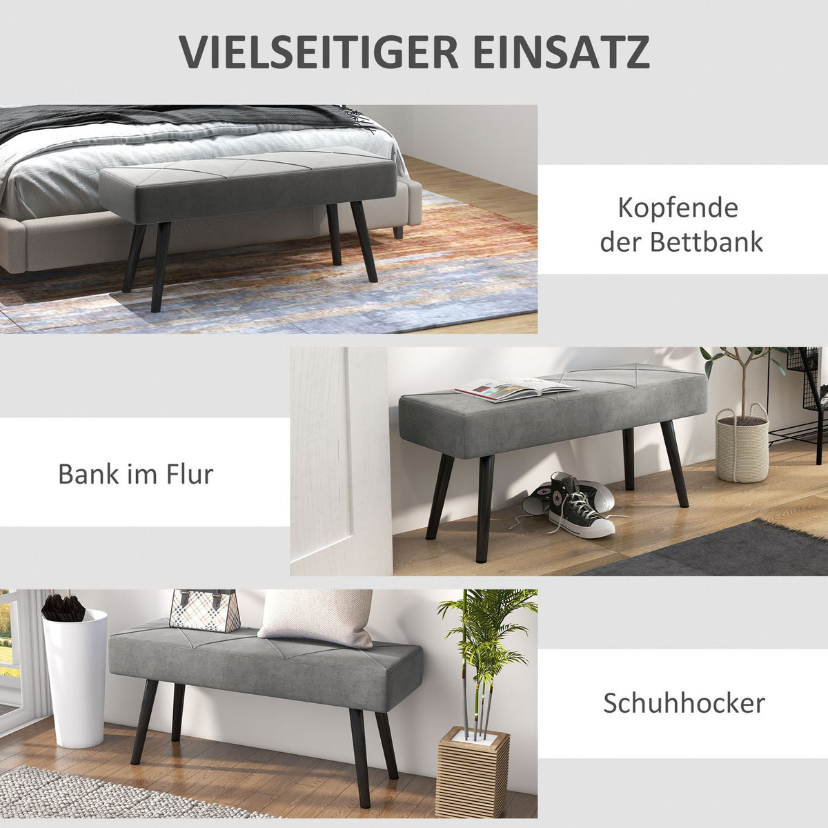 Upholstered Bench In Velvet Look, Bed Bench, Hallway Bench With X Pattern, Up To 120 Kg, For Bedroom, 100X36X45 Cm, Grey