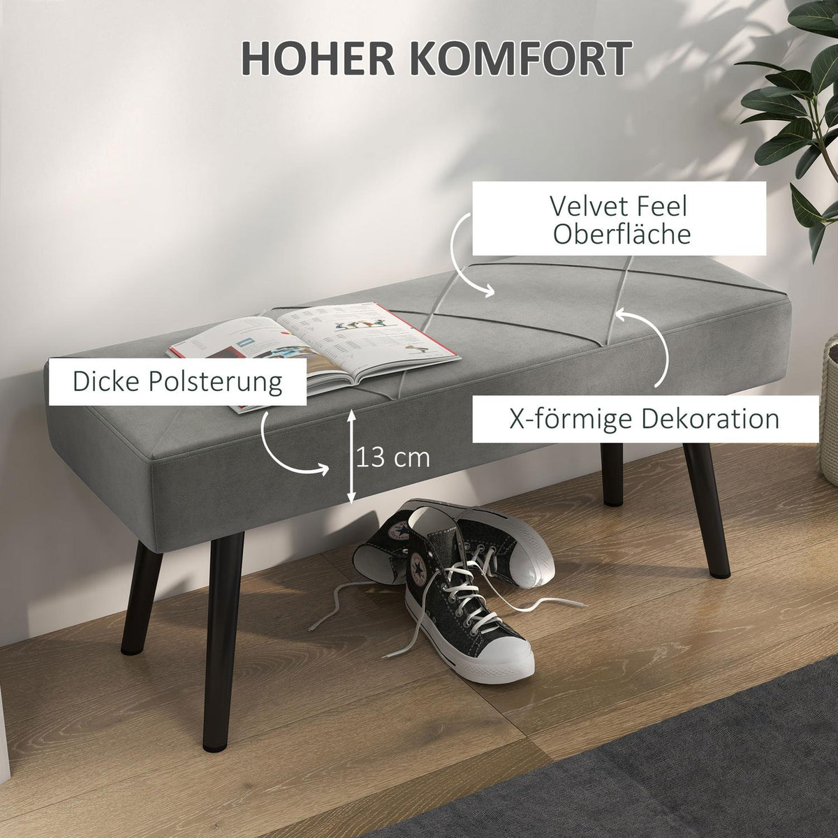 Upholstered Bench In Velvet Look, Bed Bench, Hallway Bench With X Pattern, Up To 120 Kg, For Bedroom, 100X36X45 Cm, Grey